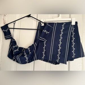Navy Blue Floral Embroidered Skort and Top Set
